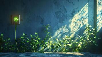 Green plants growing towards a glowing light switch in a textured blue wall environment photo