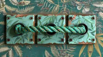 Decorative wall fixture with a vibrant rope against a botanical background, showcasing intricate details photo