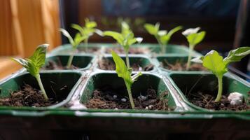 Young seedlings growing in a green tray, with sunlight filtering through a window photo