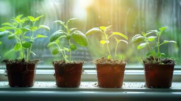 Growing seedlings in pots on a windowsill with sunlight streaming through, nurturing nature photo