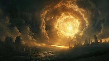 Dramatic celestial event over a futuristic cityscape with swirling clouds and glowing light photo