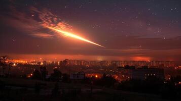 A vibrant city skyline illuminated at night with a meteor streaking across a starry sky photo