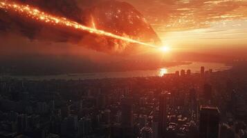 Dramatic sunset over a city skyline as a meteor approaches, creating a fiery spectacle photo