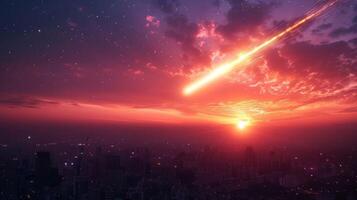 Stunning sunset over a city skyline with a meteor streaking across the sky, creating a dramatic scene photo
