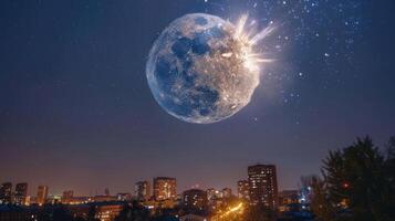 Dramatic night scene with a large moon explosion over a city skyline, stars twinkling in the background photo