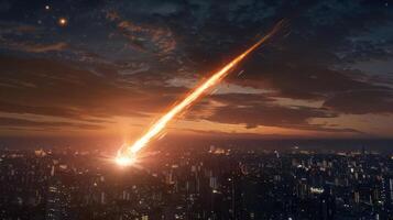 Meteor streaking across a city skyline at dusk, illuminating buildings and creating a dramatic scene photo