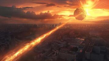 A dramatic sunset over a cityscape with a fiery meteor approaching, creating a sense of urgency photo