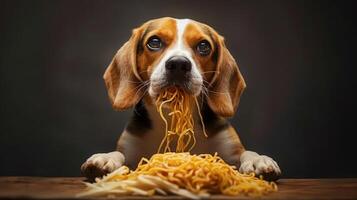 A playful beagle dog enjoying a messy meal of spaghetti, with a blurred dark background photo