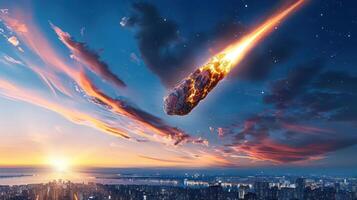 A fiery meteor streaking across the sky above a bustling city at sunset, creating awe photo