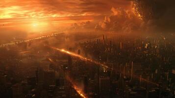 Apocalyptic cityscape at sunset with dramatic clouds and fiery streaks across the skyline photo