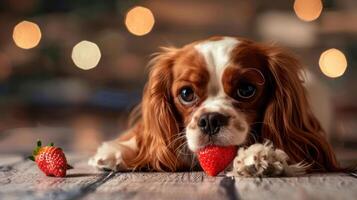 A playful dog resting its chin on a wooden surface, holding a strawberry, with a blurred festive background photo