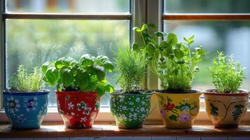 Colorful herb pots arranged on a windowsill, showcasing vibrant greenery and sunlight filtering through photo