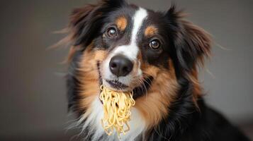 Playful dog with noodles hanging from its mouth, smiling against a blurred background photo