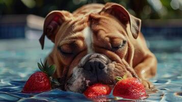 A relaxed dog enjoying strawberries while lounging in a pool on a sunny day photo