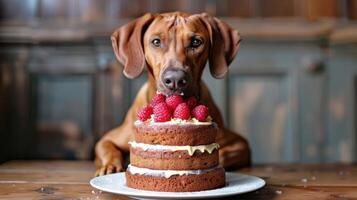 Dog with a cake topped with raspberries, sitting at a rustic table in a cozy kitchen setting photo