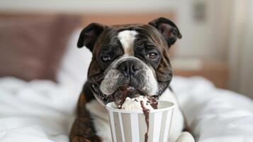 A relaxed dog enjoying ice cream in a cozy bedroom setting with soft bedding and warm lighting photo