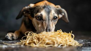 A curious dog intently gazing at a pile of spaghetti on a rustic table, with a blurred background photo