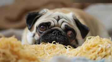 A playful pug lying on a bed with a pile of noodles, creating a humorous and cozy scene photo