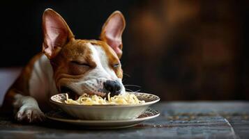 A joyful dog savoring a plate of spaghetti at a rustic wooden table with a cozy background photo