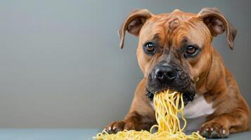Playful dog enjoying a messy meal of spaghetti, with a neutral background enhancing the scene photo