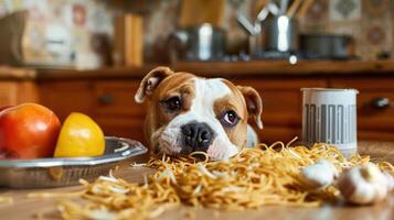 A curious dog resting its head on a table covered with spaghetti and vegetables in a cozy kitchen photo