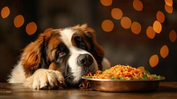 A Saint Bernard dog gazes longingly at a bowl of pasta on a rustic table with festive lights photo