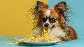 A playful dog enjoying a plate of spaghetti against a vibrant two-tone background photo