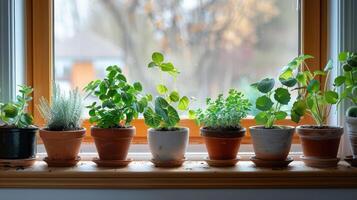 A vibrant display of potted plants on a sunny windowsill, showcasing greenery and natural light photo