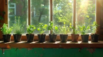 Sunlit indoor garden with various herbs and plants in pots on a windowsill, showcasing growth and tranquility photo