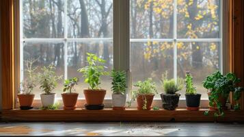 A serene window view showcasing various potted plants on a wooden sill with autumn foliage outside photo