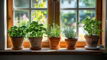 Vibrant indoor herb garden on a sunny windowsill, showcasing various plants in terracotta pots photo