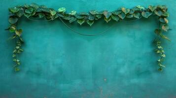 Lush green vines gracefully drape across a vibrant turquoise wall, creating a serene backdrop photo