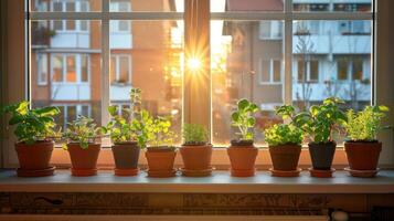 Sunlight streaming through a window illuminates potted plants on a windowsill in an urban setting photo