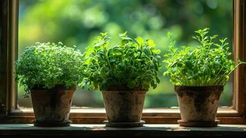 Lush green herbs in rustic pots arranged on a sunlit windowsill, enhancing indoor freshness photo