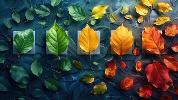 Colorful autumn leaves arranged artistically on textured background, showcasing seasonal change photo