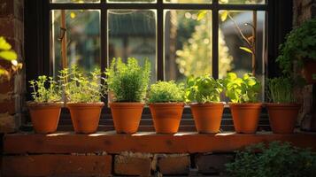 Lush herbs thriving in terracotta pots on a sunlit windowsill, enhancing indoor greenery photo