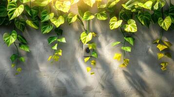 Lush green vines cascading down a textured wall, sunlight filtering through leaves, creating shadows photo