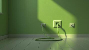 A modern green room with power outlets and vibrant lighting casting shadows on the floor photo