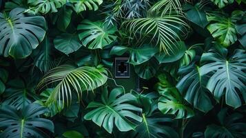 Lush greenery surrounding a hidden electrical outlet amidst vibrant tropical foliage photo
