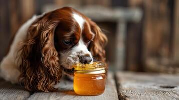 A Cavalier King Charles Spaniel enjoying a jar of honey on a rustic wooden table, with a cozy background photo