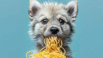 Playful puppy with spaghetti in its mouth against a blue background, creating a whimsical scene photo
