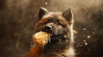 Playful dog enjoying a strand of pasta in a warm, softly lit kitchen with scattered flour photo