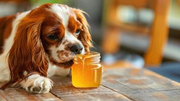 A Cavalier King Charles Spaniel enjoying honey from a jar on a rustic wooden table indoors photo