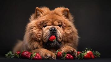 A fluffy Chow Chow dog resting with fresh strawberries against a dark background, creating a cozy atmosphere photo