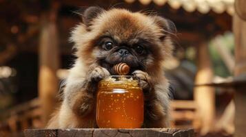 Adorable small dog curiously interacting with a jar of honey in a rustic outdoor setting photo