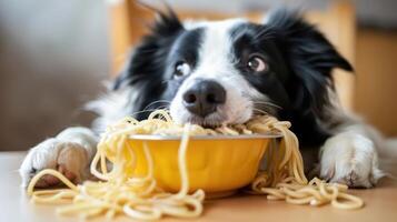 A curious dog with a playful expression lying on a table with a bowl of spaghetti, surrounded by a cozy kitchen setting photo