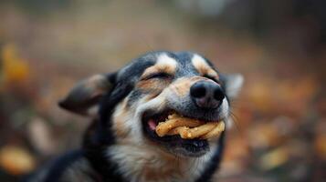 Happy dog enjoying a crunchy treat in a vibrant autumn setting with colorful leaves photo