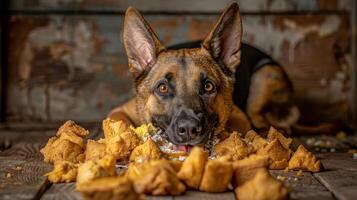A playful dog surrounded by scattered treats in a rustic setting, capturing a joyful moment photo