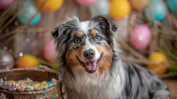 Happy Australian Shepherd dog sitting in front of colorful balloons and Easter decorations photo
