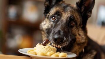 Happy dog enjoying a plate of pasta in a cozy home setting with blurred background photo